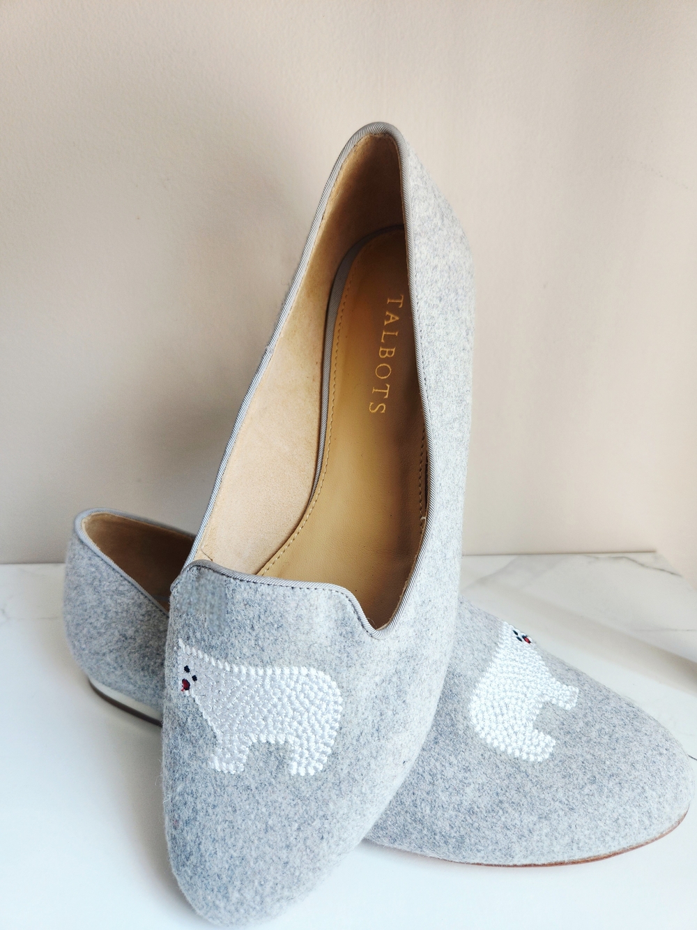 Talbots Genuine Leather Soles Gray Felt Polar Bear Loafers